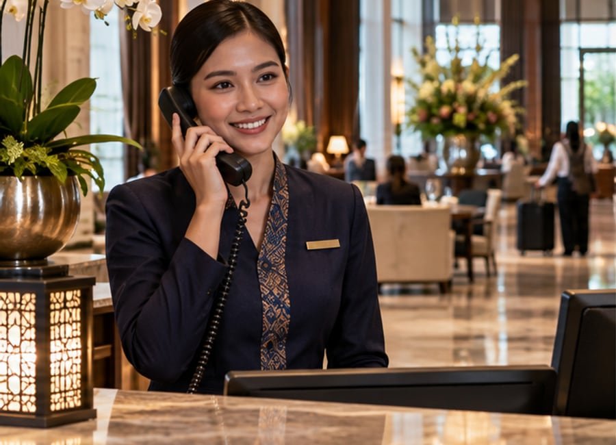 Illustrative hotel receptionist answering a corded telephone