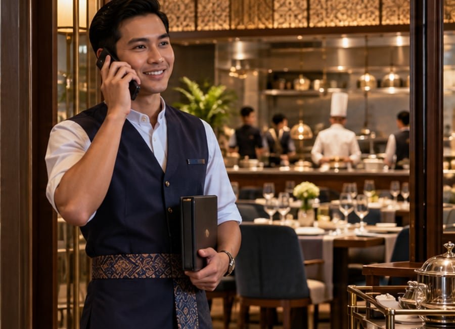 Illustrative room-service assistant by a hotel restaurant